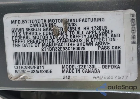 2003 Toyota Corolla Ce из США, поврежденный, VIN 2T1BR32E93C150028